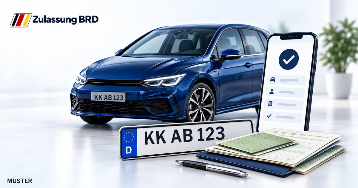 Online Fahrzeugzulassung in Schwalmtal: Musterkennzeichen KK AB 123, Auto und Fahrzeugpapiere und Smartphone. Illustration mit Logo von Zulassung BRD.